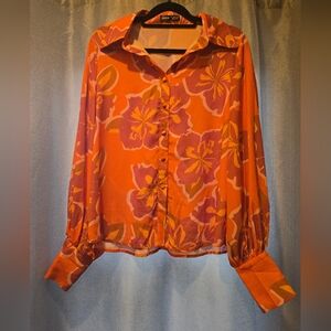 Orange Floral Button-Up Blouse